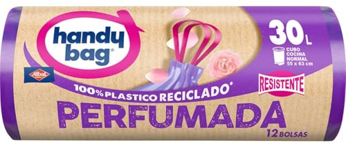 Handy Bag Bolsas de Basura Perfumadas, 100% Reciclado, Extra Resistentes, Antigoteo, Autocierre, 30L, 12 Bolsas, 1 Paquete