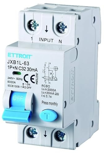 IXTRIMA Interruptor magnetotérmico diferencial 1P + N 32A 30mA 220V-6KA Clase A 2 módulos 30mA para carril DIN - Protección circuitos y seguridad instalaciones