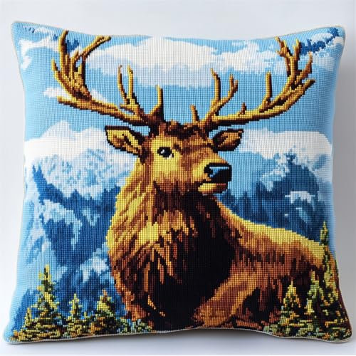 Hdfvlfdsa Cuscino Da Ricamare Punto Croce Kit Punto Croce Da Ricamare Alce Dei Cartoni Animati 45X45Cm Cuscino Ricamato A Mano Con Set Fai Te Per Adulti Principianti Per Arredamento Casa