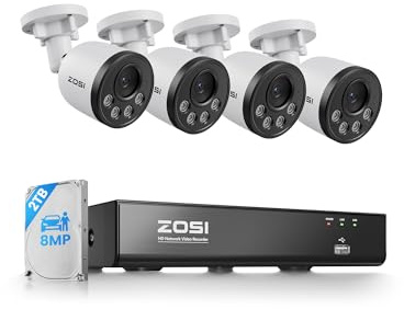 ZOSI Kit de cámara de vigilancia PoE 4K para Exteriores, 8CH NVR 2TB HDD, detección Humana y Alerta instantánea, Acceso Remoto, visión Nocturna y grabación 24/7