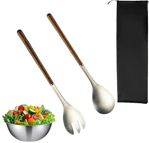 Cubiertos para Ensalada de Acero Inoxidable con Mango de Madera de 30 cm: Cuchara y Tenedor de Servicio Premium de Acero Inoxidable 304 y Madera Natural para ensaladas, postres y bufés.