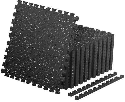 0.56'' Thick 12 Pcs 48 Sq Ft Non-Slip Rubber Top Exercise Equipment Mats, High Density EVA Foam Mats with Rubber Top, Interlocking Puzzle Gym Flooring for Home Gym, Workout Floor Mats, Black