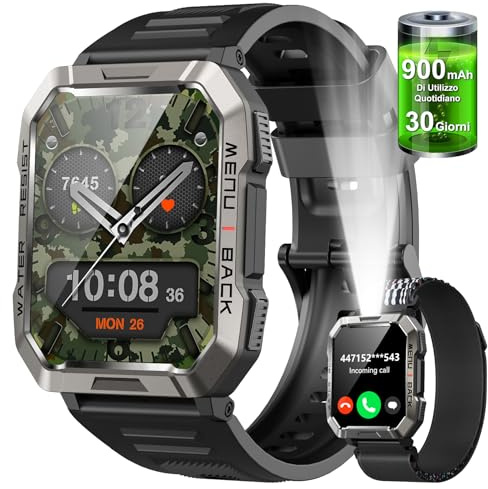 Baolubao Smartwatch Militare Uomo (Rispondi/Effettua Chiamate) smartwatch per Sport/Torcia/100 Giorni Batteria/Bussola/SpO2/Monitoraggio del sonno/2 Cinturini, Fitness Tracker per iPhone/Android
