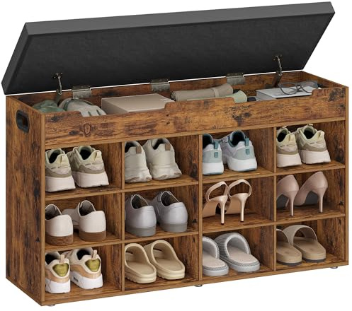 Hzuaneri Schuhbank, Schuhregal Mit Sitzfläche, Sitzbank Mit Stauraum, 12 Fächer, Herausnehmbare Regale, Geeignet für Wohnzimmer, Flur, Eingang, 30 x 100 x 55 cm, Vintagebraun SB53501GY