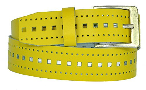 DayneQ 4cm Breit Echt Leder Löcher Guertel Altsilber Nickel Free Schnalle (229) Gelb 100cm Bundweit