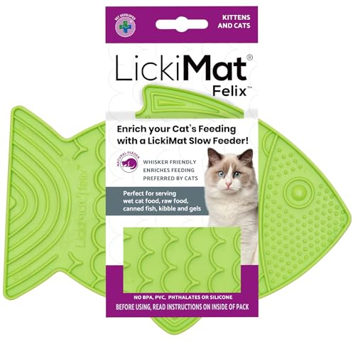 LickiMat Felix, Fish-Shaped Cat Slow Feeders for Feline Boredom and Anxiety Reduction; Perfect for Food, Treats and Anxiety Reduction, Green