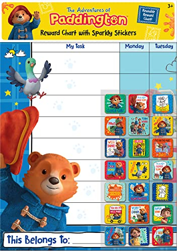 Paper Projects The Adventures of Paddington Belohnungstafel mit 56 glitzernden Aufklebern, Diagramm ist abwischbar, blau, 29,7 x 42 cm