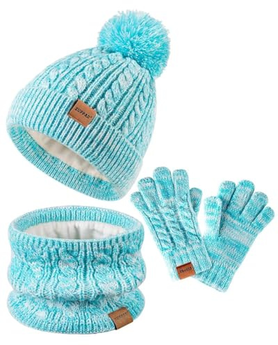 Kids Winter Hat Gloves Scarf Set,Girls Hats Beanie with Pom Knit Neck Warmer Gaiter Mittens Fleece Lined,Girls Accessories Cold Weather Set for Toddler Children Boys（Mint Green Mix）