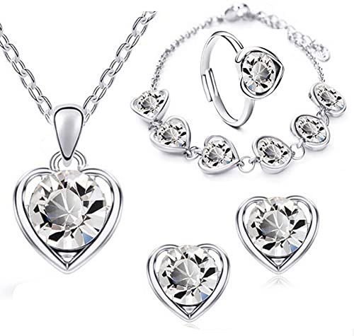 Collar de cristal en forma de corazón Wedity pendientes collar de cristal pulsera conjunto de anillos de oro moda de amor colgante de corazón Choker collares joyería para mujeres y niñas (Plata)