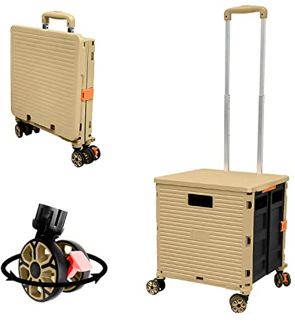 Hopfällbar shoppingvagn med låda på hjul med lock, slitstarka ljudlösa 360° roterande hjul och justerbart starkt handtag i aluminiumlegering, hopfällbar varuvagn, 45 kg (99 pund), bärbar hållbar vagn