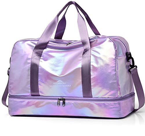 ZIOSINM Sporttasche Damen, 40L Reisetasche Damen Weekender, Glitzer Sporttasche mit Schuhfach und Nassfach, Saunatasche Schwimmtasche Trainingstasche Fitnesstasche Gym Travel Bag (Lila)