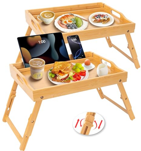 Greenual 2 Pack Bed Tray Table with Handles Folding Legs, Bamboo Breakfast Food Tray with Media Slot, Use As Platter, Laptop Desk, Snack, TV Tray Kitchen Serving Tray(Natural)