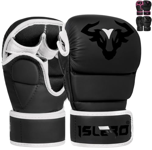 Islero Fitness Matte Black MMA Gloves Martial Arts Mitts Grappling Sparring Men Muay Thai Cage Fighting Boxing Combat Sports Women pink UFC Punching Bag Training (White, X-Large)