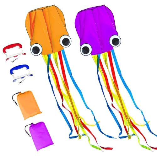 Flying Hoofer Large Octopus Kites(2packs) for Kids and Adults - Easy to Fly, 28X158 3D Software Colorful Kite with Long Tails. Perfect for Beach and Outdoor Activities.(Orange and Purple)