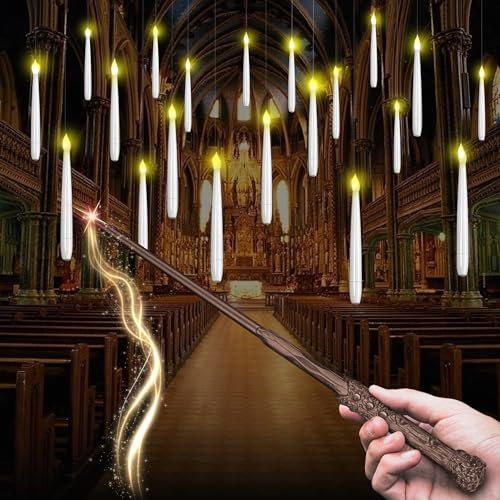 Flameless Floating Candles with Wand Remote,20 PCs Magic Hanging Candles,Flickering Warm Light Flameless Floating LED Candle for Home Christmas Halloween Wedding Birthday Party Decorations (20 Pcs)