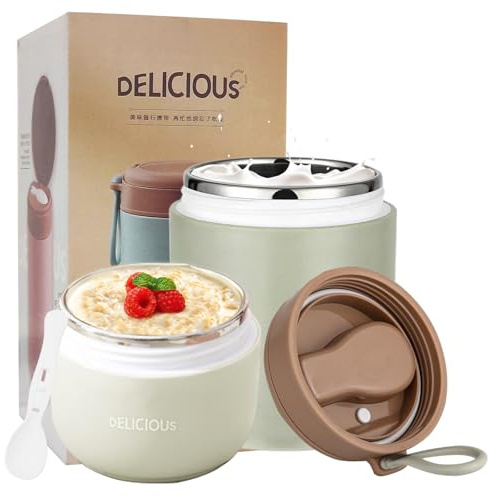 Chedin Müslibecher To Go mit Deckel, Edelstahl Porridge Becher 730ml Auslaufsicher joghurtbecher to go mit löffel und Deckel,Doppelschicht Auslaufsicherer Einmachgläser perfekt für Arbeit (Grün)
