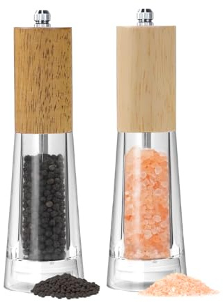 Wellong Wooden Salt and Pepper Grinder Set, 7 Inches Salt Grinder with Adjustable Coarseness Pepper Mill, Refillable Manual Salt Grinder, Oak Wood Salt and Pepper Grinder Mill for Kitchen - 2 Pack
