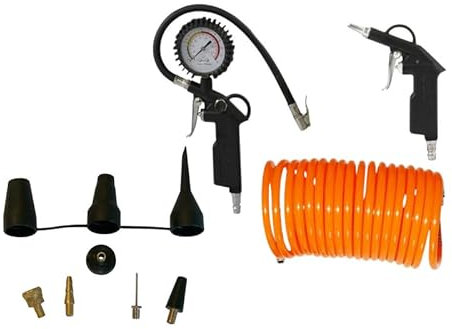 DAHLMANN Druckluft-Set 11-TLG Reifenfüller Spiralschlauch Ausblaspistole Adapterset Metall