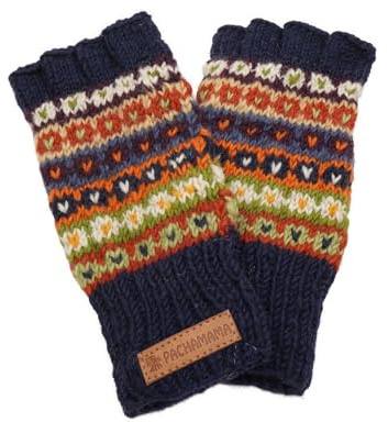 Pachamama Kvinnor 100 % ull fingerlösa handskar handstickade fläckiga ränder blå flerfärgad en storlek handgjord termisk extra varm rättvis handel, BLÅ, en storlek