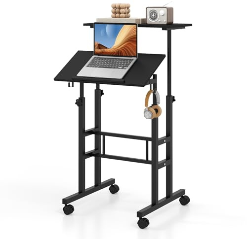 COSTWAY Scrivania per Computer Regolabile in Altezza (Nero) | Postazione di Lavoro per Computer con Ruote e Ganci, Scrivania per Studio e Ufficio, 60 x 60 x 72-124 cm
