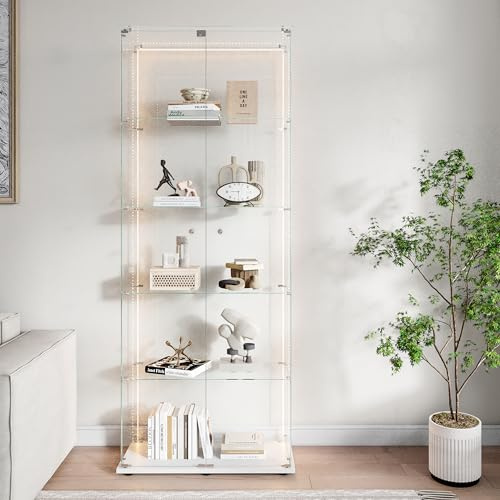 Vetrina in vetro con LED,Armadio vetrina per collezione, vetrine in vetro a 5 ripiani, 2 ante trasparenti Armadietto per vetri in piedi, mensola aperta 78,5 x 34,5 x 186,5 cm (2 ante 5 strati, bianco