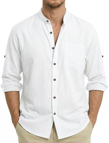 Enlision Camisa Lino Hombre Blanco Manga Larga Casual Camisas para Hombres Cuello Mao Elegante Relajado Vacaciones Playa Henley Shirts XL