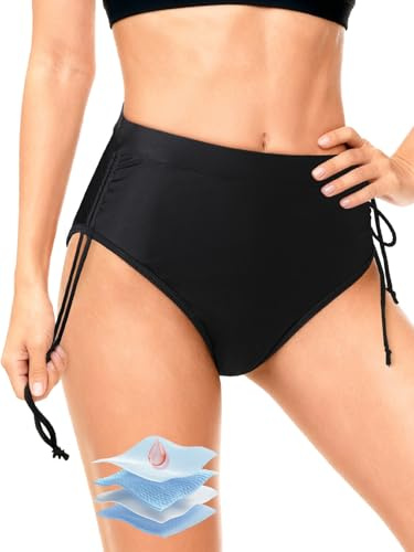 Growmax Period Swimwear for Teens Girls Women Wide Belt Period Pants for Teenage Drawstring Menstrual Bikini Bottoms High Waisted 4Ply Leakproof Super Absorbent Quick Dry Black