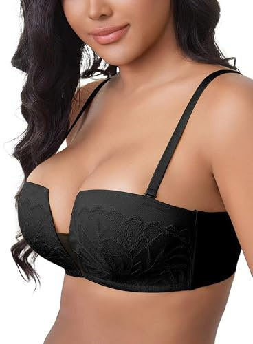 ANYIRIS Femme Soutien-Gorge Balconnet Push Up sans Armatures Sexy Dentelle Rembourré Col Carré Multiway 1 Cup Up Noir 95C