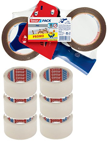 tesapack Packband-Abroller / Handabroller für Paketband / 2 x reißfestes Klebeband extra stark in Braun + 6x Klebeband in klar / 660 cm x 50 mm