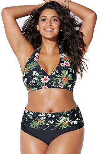 chuangminghangqi Donna Bikini a Vita Alta Imbottito Taglie Forti Costume da Bagno Due Pezzi Stampato Ricamo Nuoto Mare (XL, 382-Verde)