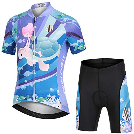LPATTERN Kinder Radsport Bekleidung- Jungen/Mädchen Fahrrad Trikot-Set(Trikot Kurzarm+Kurz Radhose)/Radtrikot Kurzarm/Kurz Fahrradhose mit Sitzpolster,Mädchen auf Schildkröte(Anzug),152/158(Tag:XXXL)