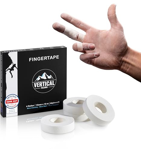 VERTICAL FELLOWS® 4 rollos de cinta de escalada de 1,5 cm de ancho, Dermatest muy bien, con instrucciones en PDF, cinta ideal para dedos y cinta deportiva para escalada, voleibol, balonmano, artes