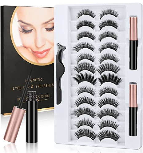 URAQT Pestañas Postizas Magneticas, 12 Pares Pestañas Magneticas Reutilizables, Pestañas Postizas Naturales 3D con Delineador de Ojos y Pinzas Magnéticas Impermeables, Aspecto Natural y Larga Duración