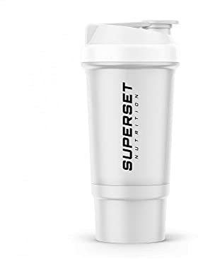 SUPERSET NUTRITION - Shaker 500ml - Mélange de Protéines - Compartiment Intégré - Mélange Parfait sans Grumeaux - Couvercle Étanche - Blanc
