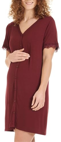 Herzmutter Chemise de Nuit d'allaitement - Chemise de Nuit Maternité Femme Grossesse - avec Boutons - Robes Grossesse Allaitement - Manches Courtes avec Dentelle - 2850 (XL, Rouge Foncé)