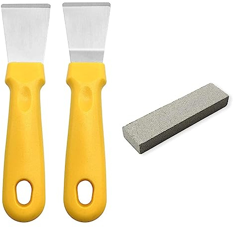 JJWNMLL 2 st rengöringsskrapa för ugnar spisar induktionshäll rostfritt stål multi-köksskrapa med plasthandtag, rak version + böjningsversion gul
