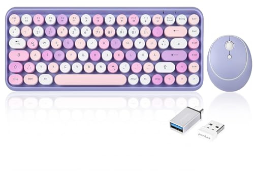 Perixx PERIDUO-713PP Kabellose Mini-Tastatur und Maus-Kombination - Retro runde Tastenkappen- Pastell Lila Flieder - Deutsches QWERTZ Layout