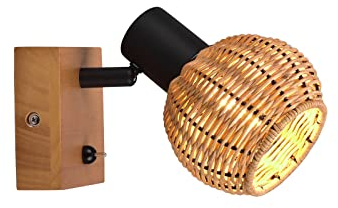 meineWunschleuchte Wandstrahler 1-flammig Holzlampe mit Rattan Schirm in Natur