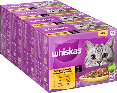 Whiskas 1+ Katzenfutter Geflügel Auswahl in Sauce, 12x85g (4 Packungen) – Hochwertiges Nassfutter für ausgewachsene Katzen in 48 Portionsbeuteln