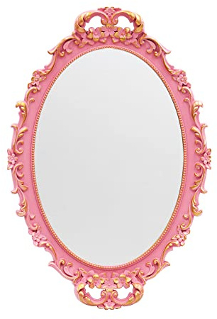 Tstarer Specchio Decorativo Vintage Rosa con Cornice, Specchi da Parete e Vassoio da Tavolo per Camera da Letto Soggiorno Comò Decor, Ovale- 24,4cm L x 36,3cm L (Rosa)