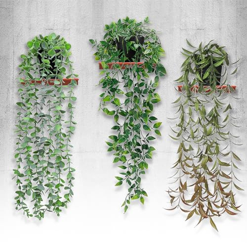 Wkmamo 3 Stück Künstliche Hängepflanzen Eukalyptus Blätter mit Töpfen 56cm Lang Wartungsfreie Künstliche Pflanzen Rebe für Hausgarten Indoor Outdoor Decor