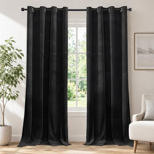 Ystyle Sammetsgardiner om 2 Set, 117 X 137 cm, Gardiner Vardagsrum, Mörkläggningsgardiner, Termiska Gardiner Sammet, Värmeisolerande Gardiner, Gardin Med Öljetter för Vardagsrum Sovrum, Svart