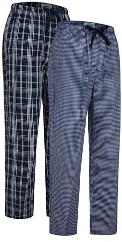 GLOBAL Pantalones de Pijama para Hombre 2 Pantalones de Sueño de Cuerda Elástica Tejidos con Fondo de Celosía de Algodón 100%,Azul,L