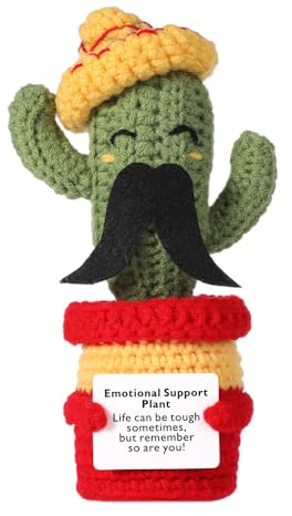 lasuroa Lustiger Positiver Kaktus, 17cm Positiver Kartoffel Kaktus Schnurrbart Strick Kaktus mit Ermutigungskarte Pflanze zur Emotionalen Unterstützung für Mexikanische Cinco de Mayo Fiesta Karneval