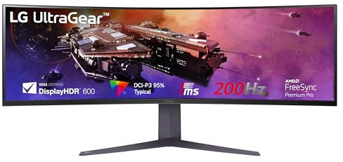 LG UltraGear Curved Gaming Monitor 45GR75DC, 45 inch, 1440p, 200Hz, 1ms Response Time, VA Display, HDR 10, AMD FreeSync Premium Pro, Smart Energy Saving, DisplayPort, HDMI, USB-C