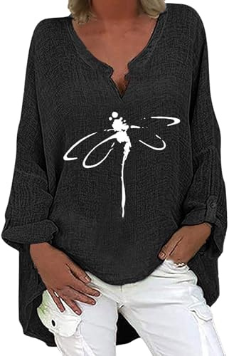 Damtunika, sommar, svart blus, damblus, långärmade skjortor, ledig, v-ringad, ledig skjorta, blus, sommar, solid blusskjorta, eleganta toppar, damer, lätt skjorta, boho, blus, sommartoppar