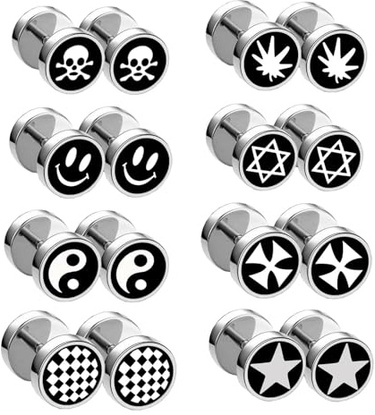 HinDaLi 8 Pairs Stainless Steel Earrings for Men Women Girls Screw Back Earring Silver Stud Earrings Set Women Earring Studs Silver Studs Fake Plug Barbell Tunnel 8MM