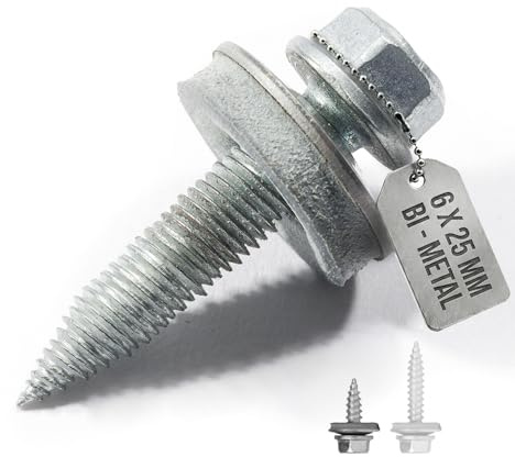 VOOXA | 100 viti per lamiera sottile 6,0 x 25 mm con rondella di tenuta EPDM (filettatura fine), bimetallica in acciaio inox A2 con punta in acciaio | SW8, omologazione ETA – senza filo, vite
