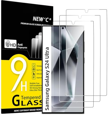 NEW'C 3 Piezas, Protector Pantalla para Samsung Galaxy S24 Ultra[no para S24/S24 Plus],Cristal templado Antiarañazos, Antihuellas, Sin Burbujas, Dureza 9H, 0.33 mm Ultra Transparente, Ultra Resistente