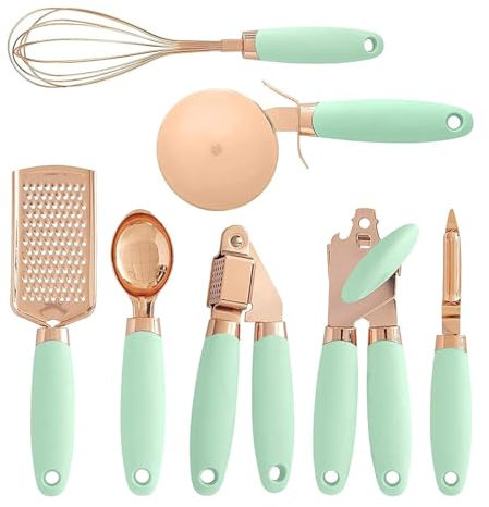 Kitchen Utensils Tools 7 Pcs 100% Pure Copper with Soft Silicone Touch Handles, Kitchen Gadget Set, Can Opener,Pizza Cutter,Ice-cream Scoop,Cheese Grater,Peeler,Garlic Press,Whisk